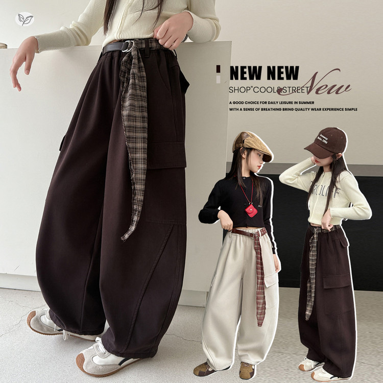 女童加绒加厚工装裤2025秋冬新款中大童宽松弯刀裤阔腿裤休闲长裤，童装裤子，祺儿童装