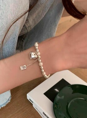 S925银手链手串女珍珠爱心吊坠方牌流苏简约小众设计款气质手饰品