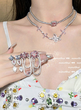 波光粼粼粉蝴蝶石项链 设计师LULU镀18K金彩锆石几何花朵耳环