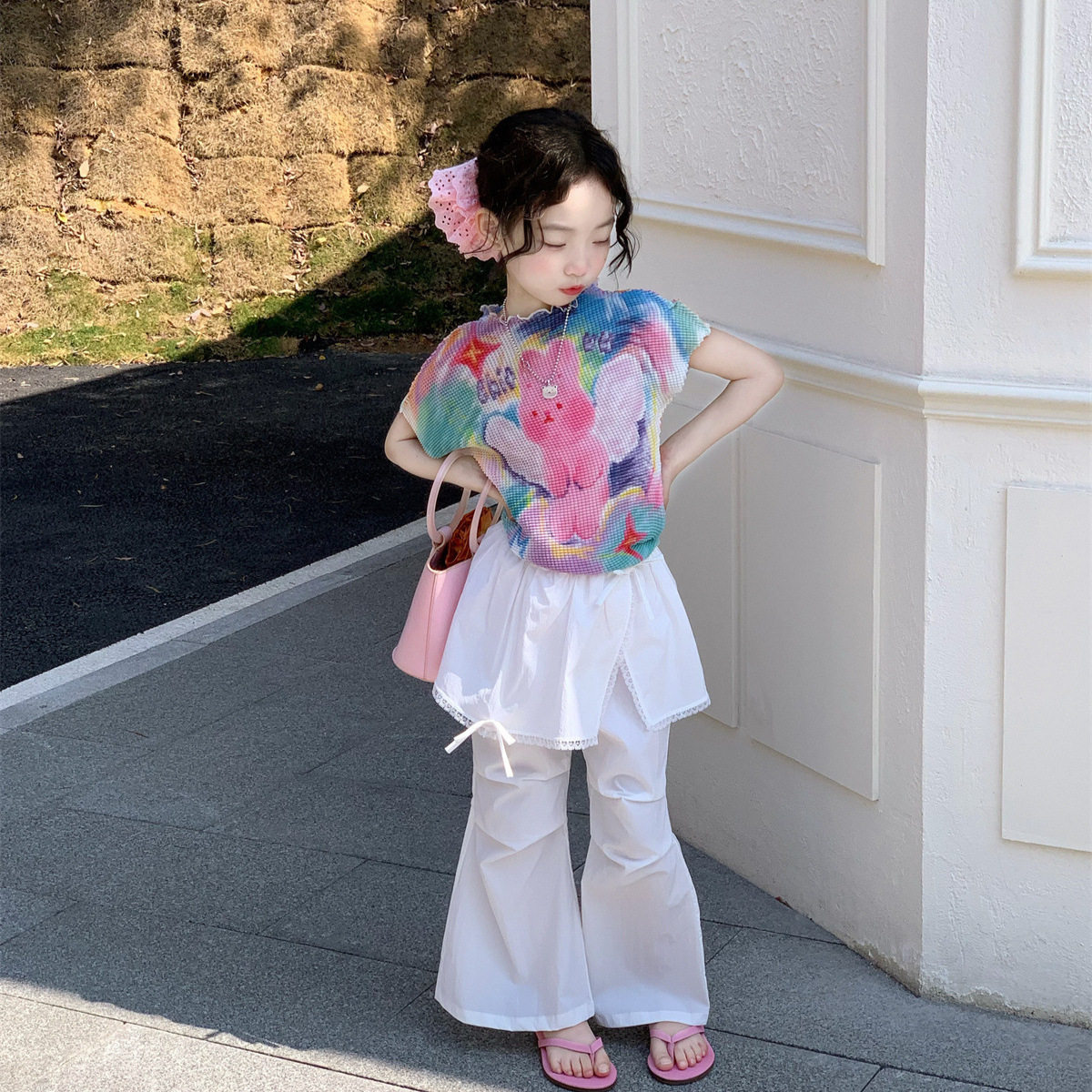 2026夏季新款 女童时髦卡通褶皱短袖T恤屁帘休闲喇叭裤子夏装韩系