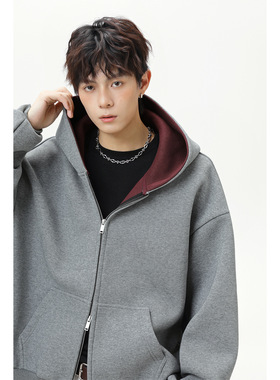 AFZZ微胖男生春秋380g重磅撞色连帽卫衣宽松休闲开衫夹克廓形外套