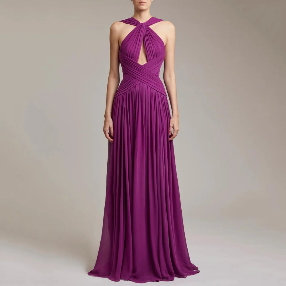 欧美挂脖式礼服速卖通跨境舞会生日派对长裙紫红色A字显瘦连衣裙