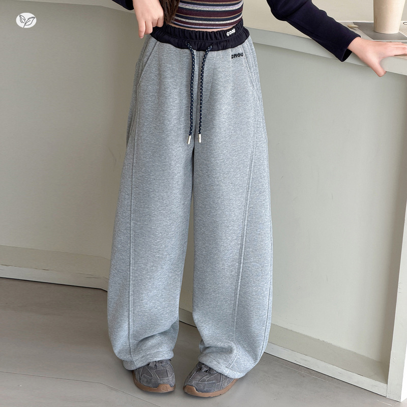 女童加绒卫裤2025秋冬新款中大童撞色腰口弯刀裤休闲刺绣长裤冬装，童装裤子，祺儿童装