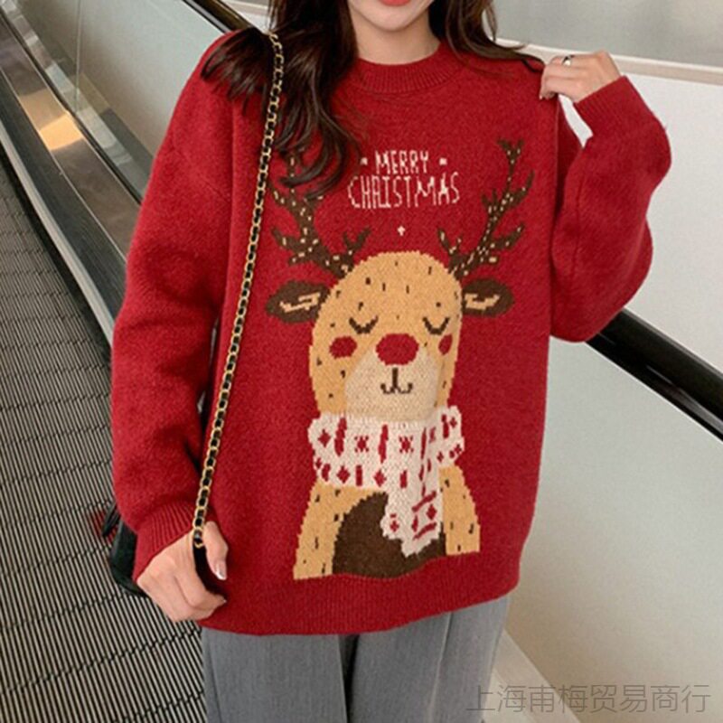 欧美风红色圣诞节小鹿毛衣女宽松秋冬季新款套头圆领针织衫上衣女