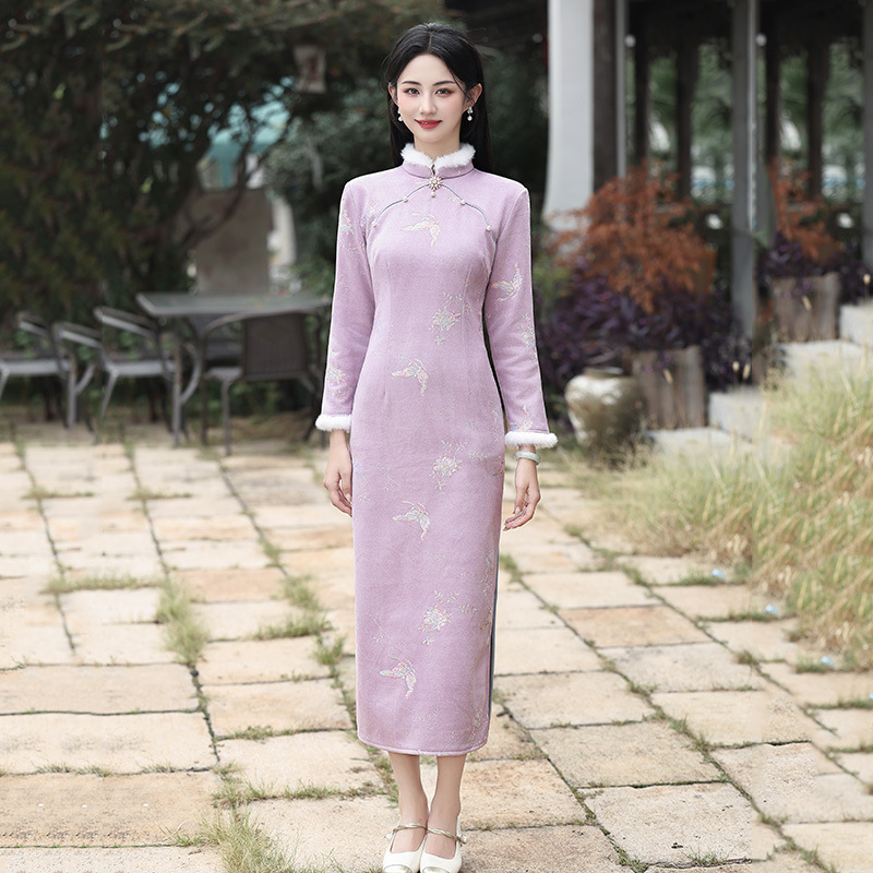 紫色加绒加厚冬装国风新中式长款长袖改良旗袍年轻款女复古秋冬季