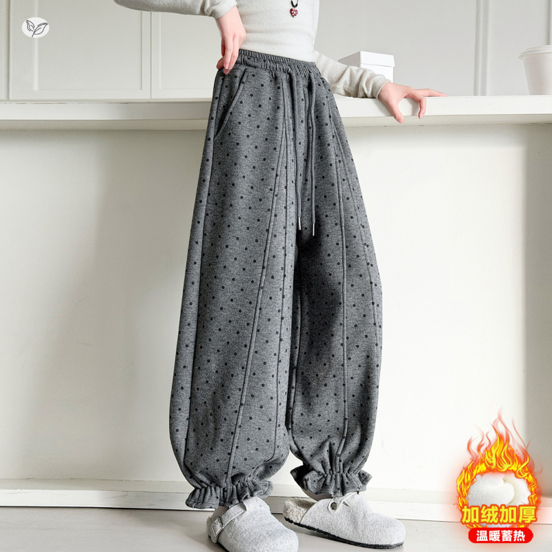 女童加绒花苞裤2025年秋冬新款中大童休闲波点阔腿裤脚口花边长裤，童装裤子，祺儿童装