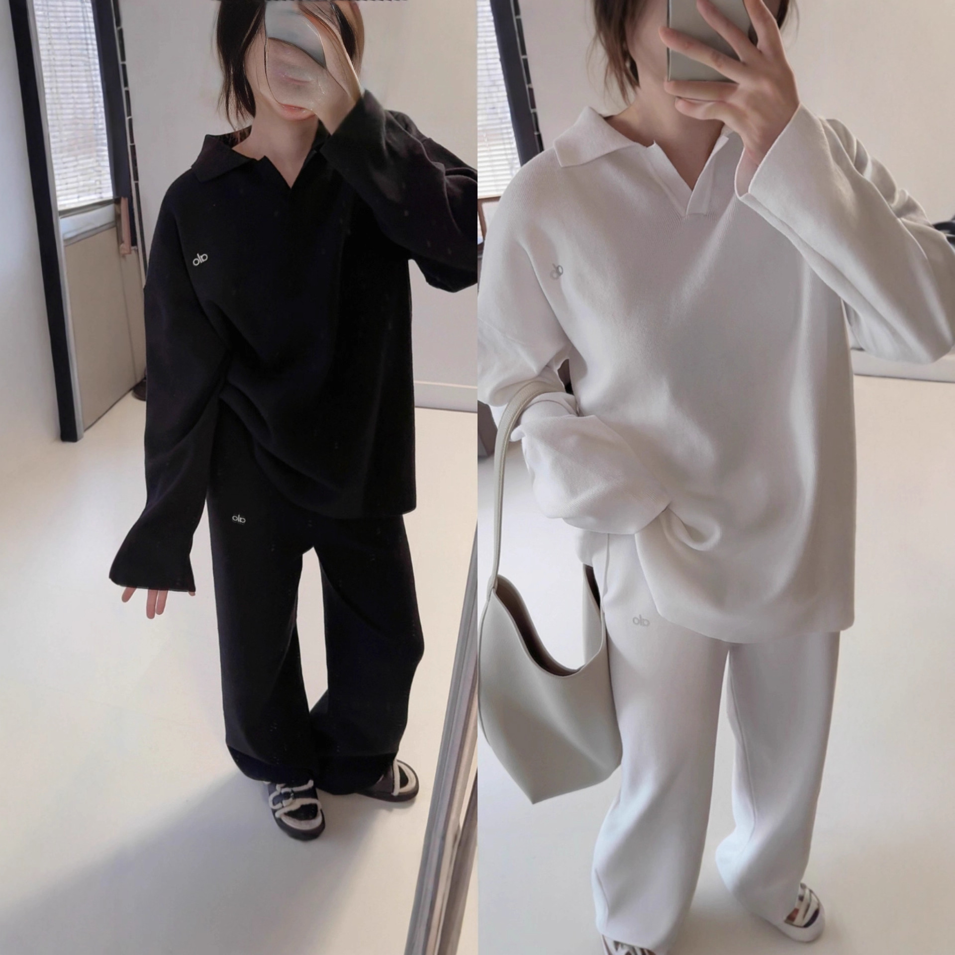 Alo Yoga欧美慵懒秋冬针织毛衣polo领套头阔腿裤瑜伽健身运动套装