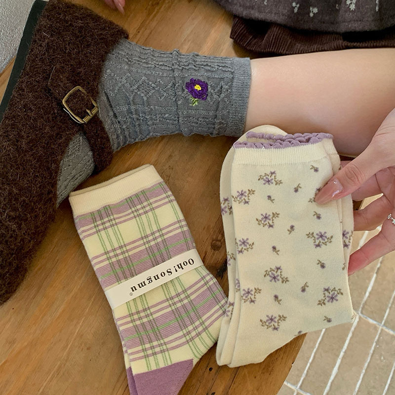 法式香芋紫色碎花中筒袜女复古撞色格子堆堆袜灰色麻花袜子田园风