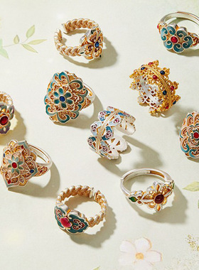 精致珐琅彩宫廷风中古戒指女开口可调节小众轻奢高级感老钱风戒指