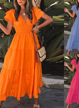 Women Holiday Summer Dress度假风短袖大摆中长款连衣裙夏季2022