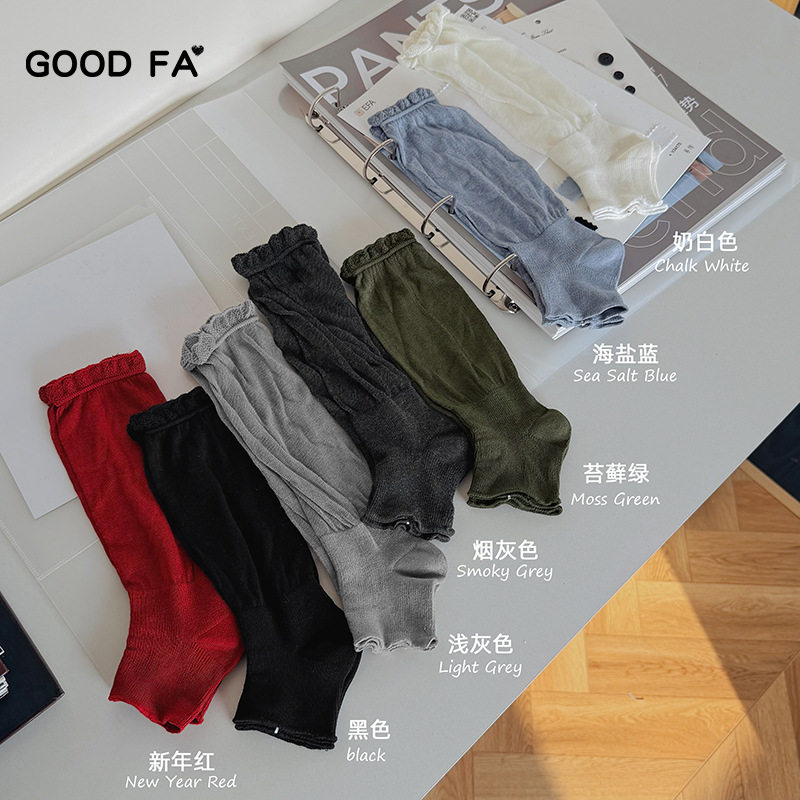 4双包邮 GOODFA秋冬袜子女款纯色花边宽松版小腿袜套棉质踩脚腿套