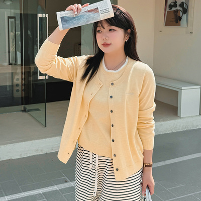 大码女装假两件长袖上衣女外套2025春胖mm显瘦针织开衫22829乃粒