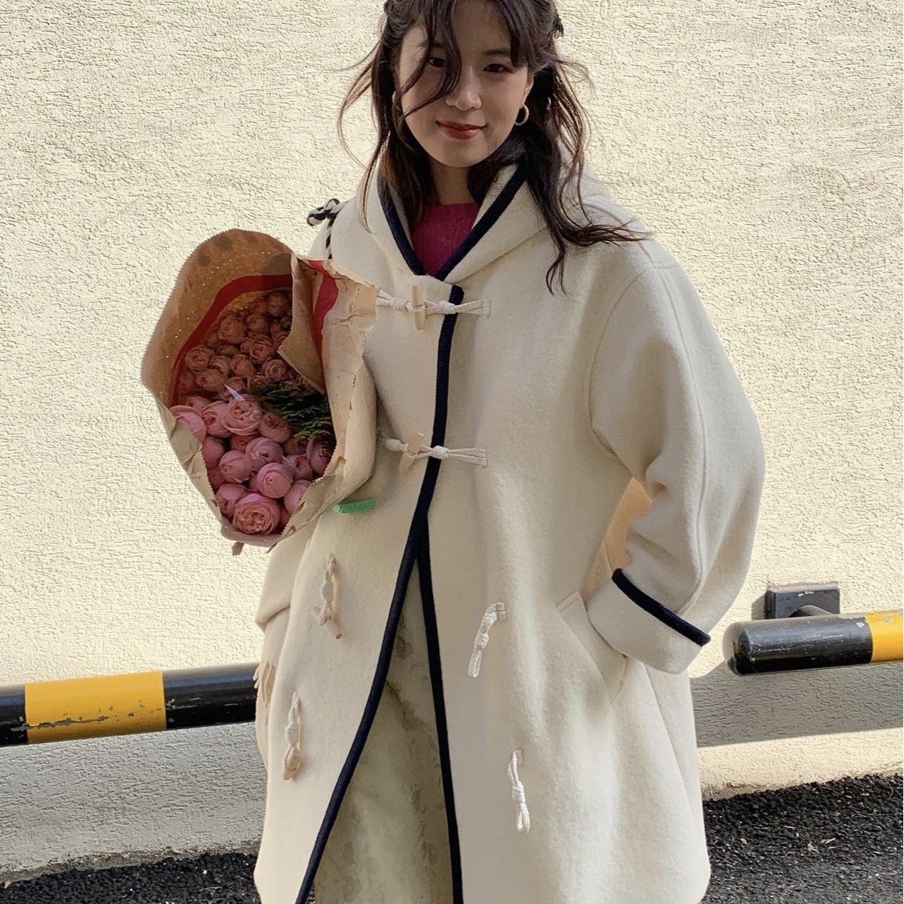 特价不退换/modest mood韩国牛角扣中长款羊毛大衣连帽加厚外套