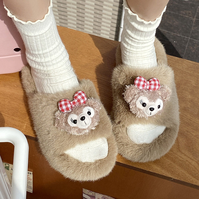 可爱卡通风甜美毛毛拖鞋女秋冬新款厚底舒适软底毛茸茸一字棉拖鞋