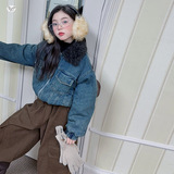 女童2025年秋冬新款洗旧加棉短款牛仔外套女大童美式复古毛领上衣，童装外套，祺儿童装
