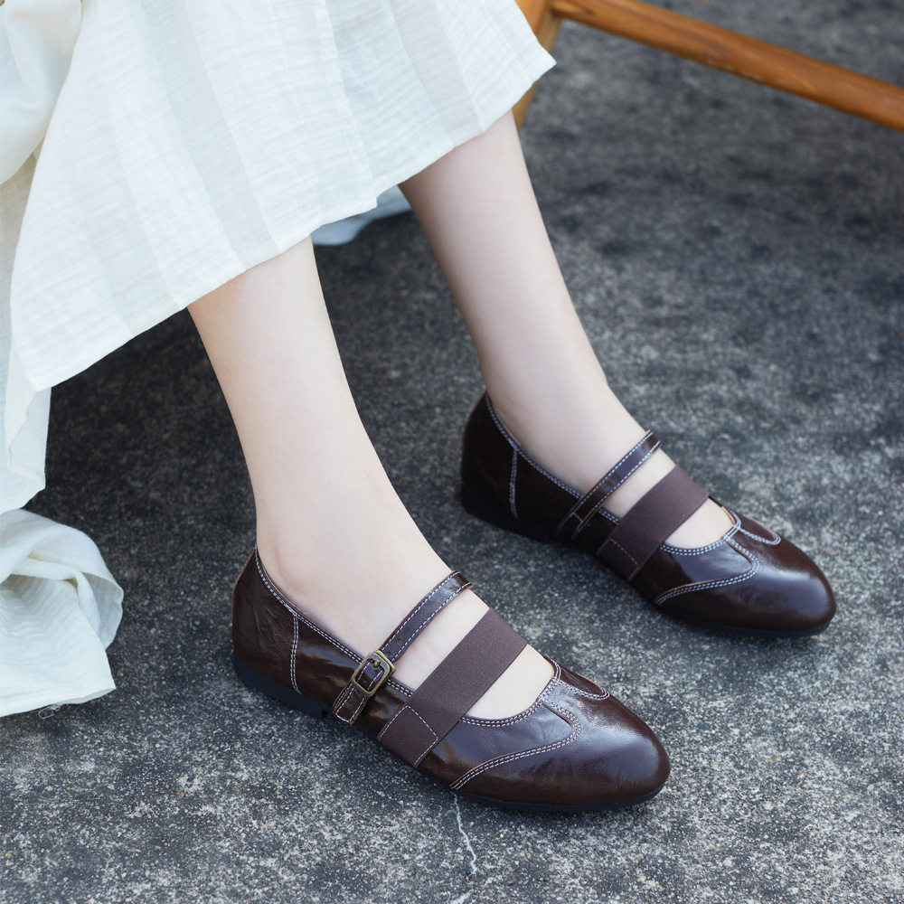 一字带真皮玛丽珍鞋女2026春季新款平底浅口单鞋复古尖头软底鞋女