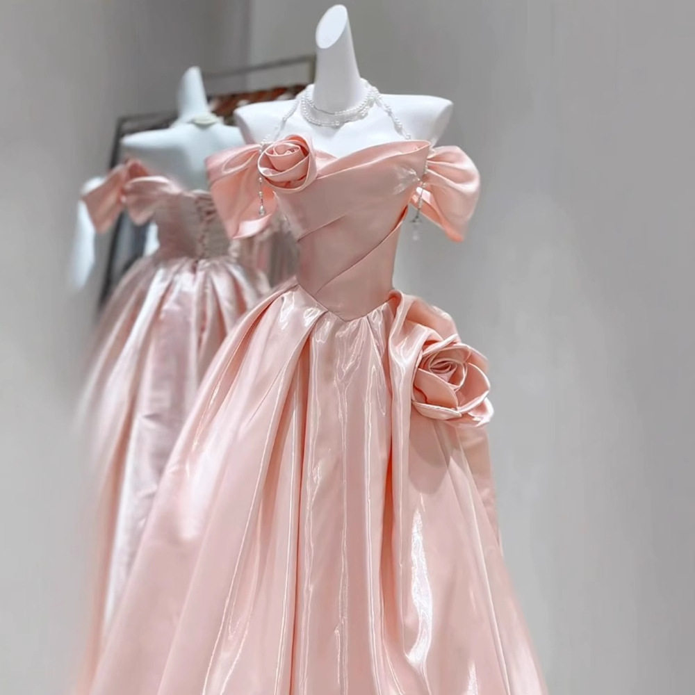 气质晚礼服一字肩玫瑰花立体花朵成人生日宴会公主裙学生声乐艺考