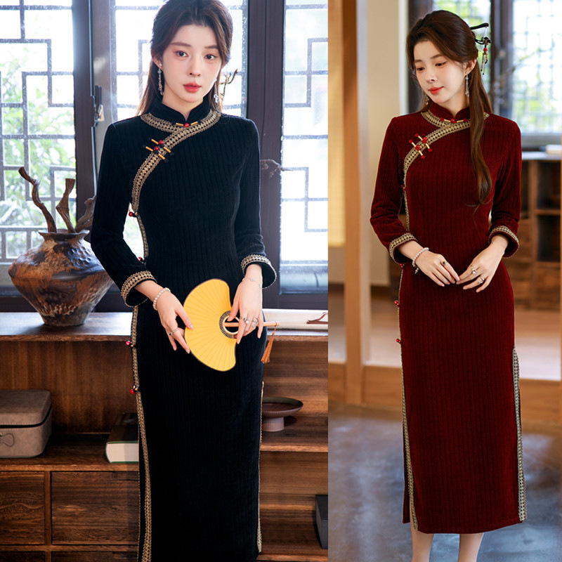 黑色丝绒长款旗袍大码女秋冬季新款新中式国风显瘦气质打底连衣裙