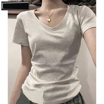 新款纯棉正肩v领短袖t恤女春夏修身百搭美式显瘦上衣内搭打底衫