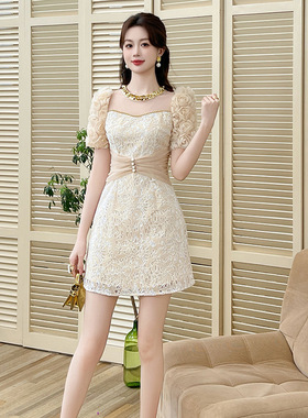 2025夏季新款女装名媛重工镶钻泡泡袖修身包臀蕾丝连衣裙50921