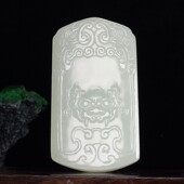 和田玉白玉仿古兽牌玉佩平安牌女款 仿古兽头平安无事牌挂件