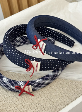 韩版新款红色蝴蝶结格子海绵发箍波点高颅顶头箍复古学院风压发卡