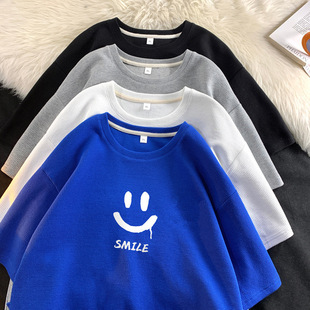 克莱因蓝华夫格T恤设计感小众笑脸情侣短袖 夏 OVERSIZE落肩半袖