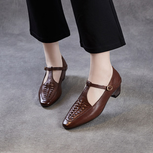 复古尖头镂空编织浅口鞋2026春季新款T字玛丽珍鞋粗跟真皮女鞋
