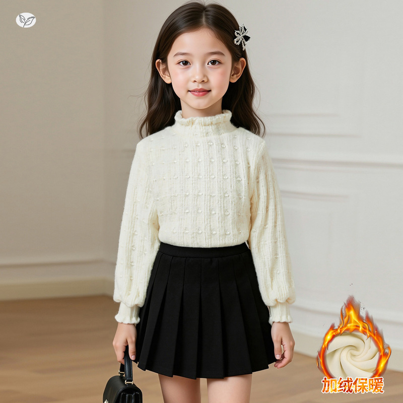 女童小香风加绒打底衫2205秋冬新款中大童小爱心花边长袖内搭春秋，童装外套，祺儿童装