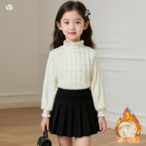女童小香风加绒打底衫2205秋冬新款中大童小爱心花边长袖内搭春秋，童装外套，祺儿童装