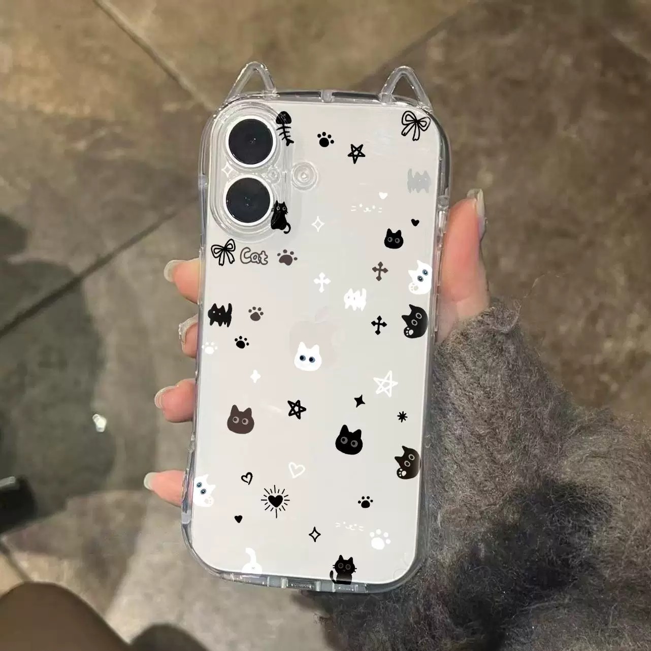 Black White Star Heart 3D Cat Ear Phone Case 适用 iPhone 17 Pro 16 15 Cute Cat Head Shockproof Cover