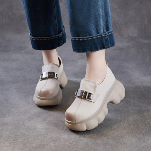 单鞋 真皮金属扣英伦风松糕底乐福鞋 女26春新7cm厚底增高休闲34码