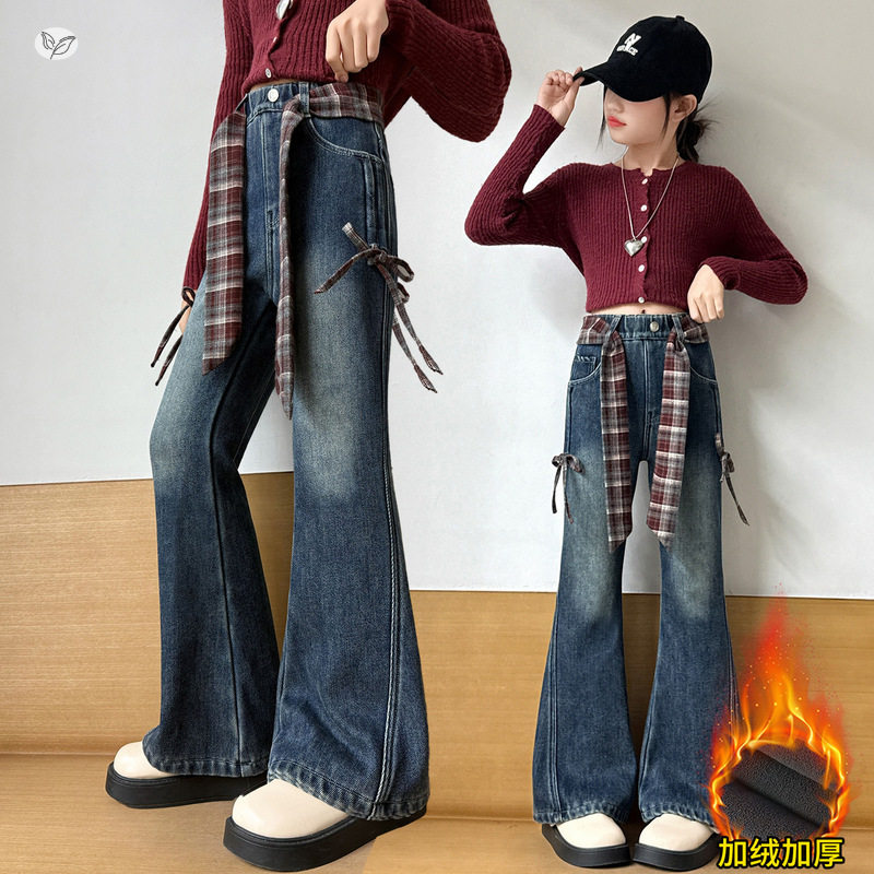 女童2025年冬季新款侧接格子拉条牛仔喇叭裤女大童个性时尚阔腿裤，童装裤子，祺儿童装