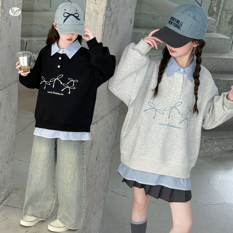韩版时髦女童翻领卫衣十岁中大童女孩蝴蝶结套头衫儿童姐妹装上衣