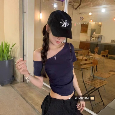 深蓝色辣妹斜肩短袖修身T恤女夏季紧身短款别致独特绝美露肩上衣