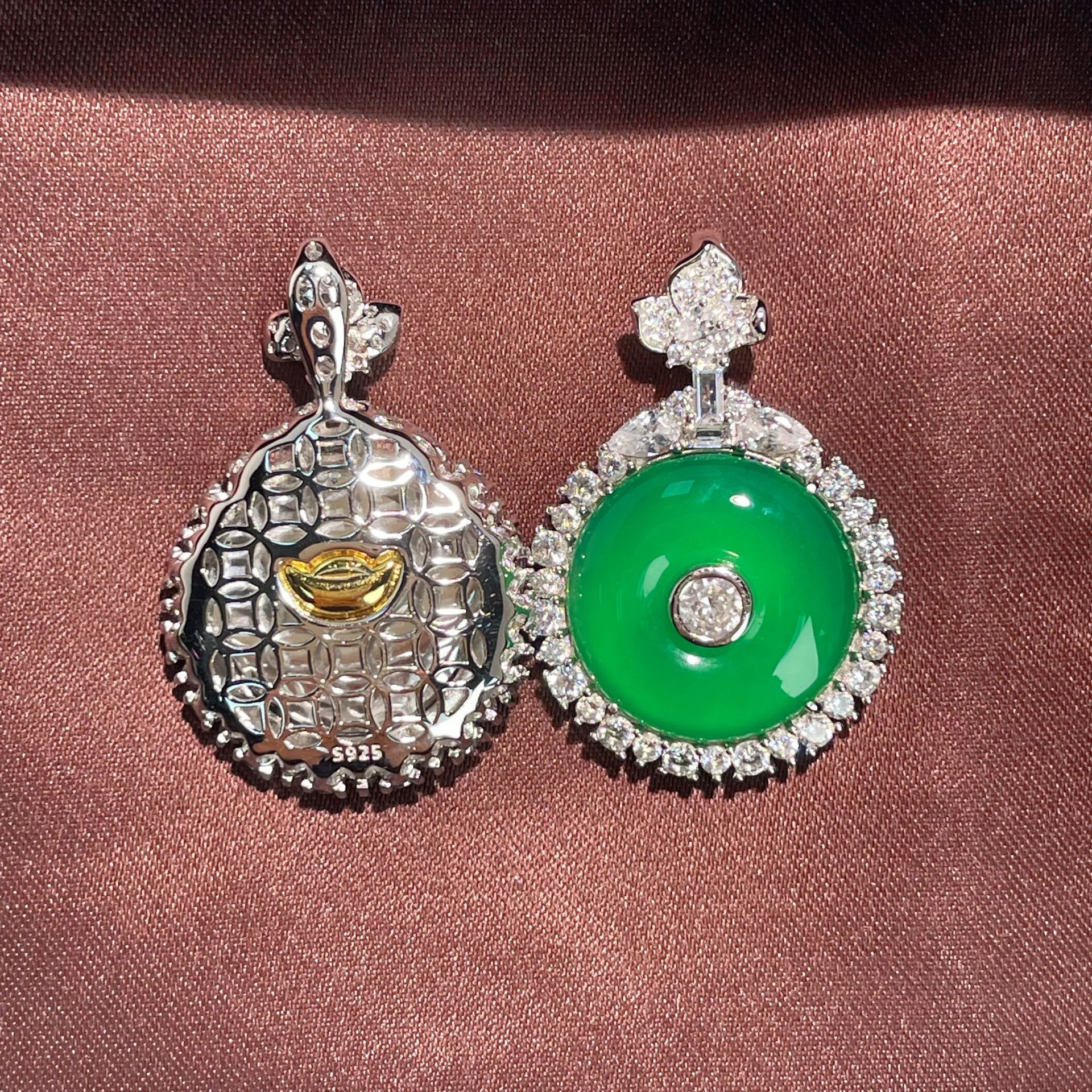 s925纯银天然冰种绿玉髓无事牌吊坠翡翠绿色新中式平安扣挂坠项链