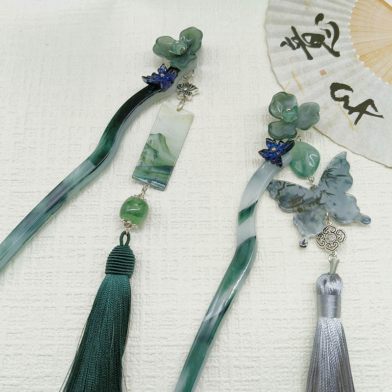 蝴蝶醋酸板材发簪新中式流苏盘发簪子古风饰品女旗袍配饰发钗发饰