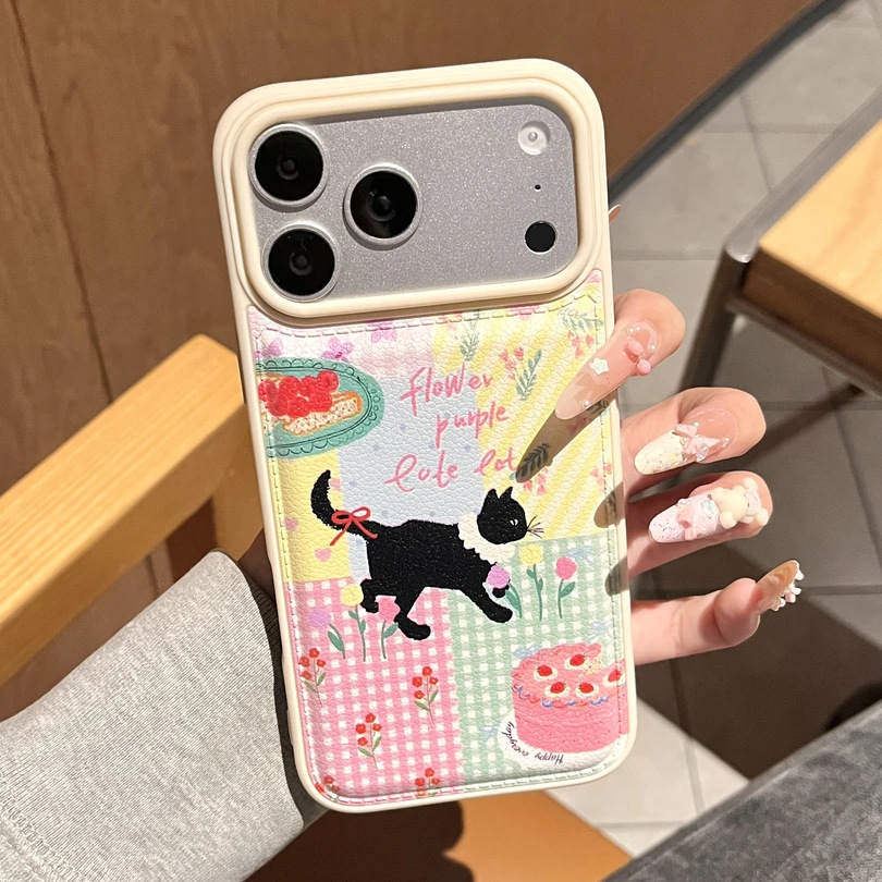 拼接格纹花朵黑猫鼓包皮纹iPhone