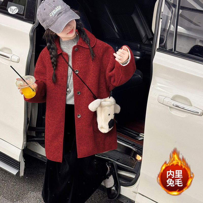 女童加厚呢大衣2025年秋冬新款甜美娃娃领风衣中大童外出外套保暖，童装外套，祺儿童装