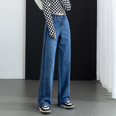 如果侧缝撞色拼接长条阔腿裤2025春季水洗韩版阴影牛仔裤女23109T