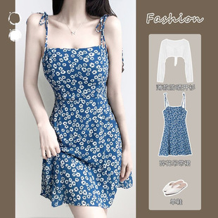 修身 纯欲风碎花吊带连衣裙套装 防晒衣开衫 薄款 性感辣妹短裙 女夏季