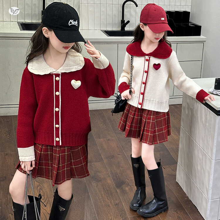 女童秋冬学院风套装2025年秋季新款中大童撞色毛衣百褶裙两件套潮，童装休闲套装，祺儿童装
