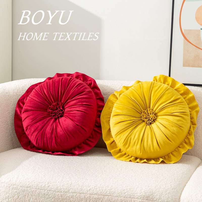 荷兰绒花边圆形抱枕 ins简约靠枕法式荷叶边沙发腰枕床头靠垫含芯