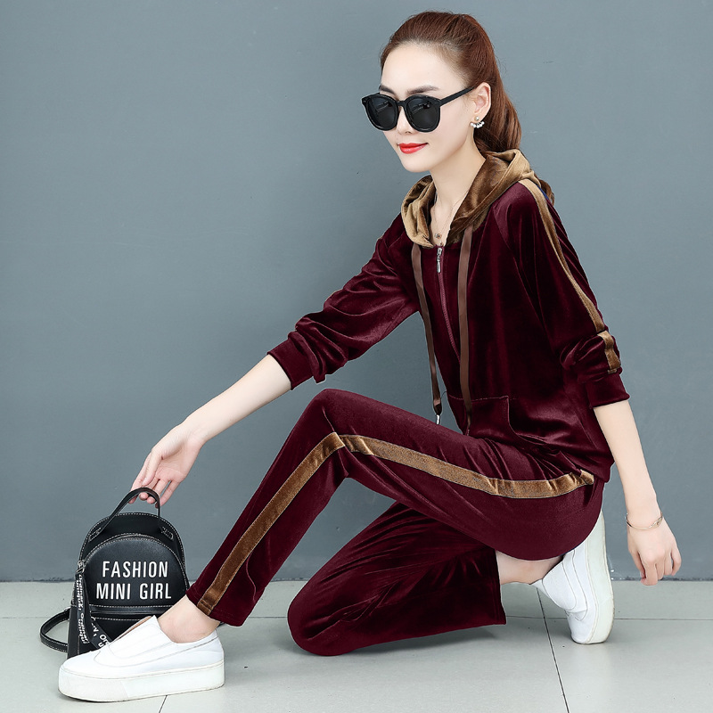 .金丝/天鹅绒休闲运动套装女秋装大码女装连帽运动服两件套潮