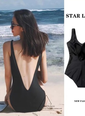 黑色美背韩国ins网红简约泳衣女性感露背显瘦遮肚学生保守泡温泉