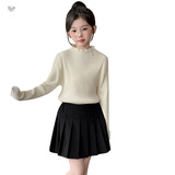 女童2025年春秋新款领边泡珠木耳边毛衣女大童简约时髦内搭针织衫，童装毛衣，祺儿童装