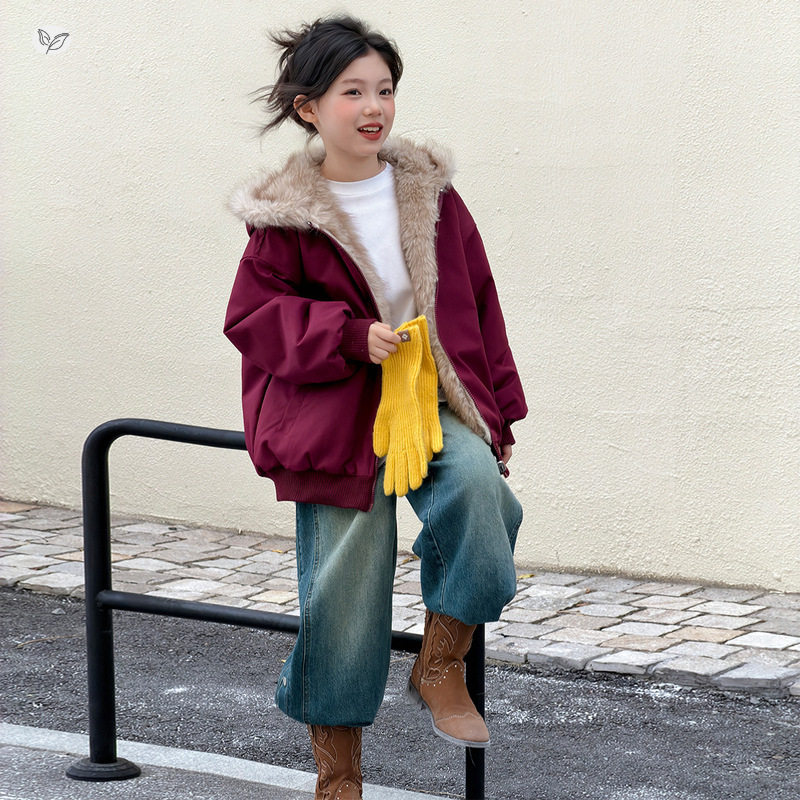 女童2025年冬季新款实用两面穿仿貂毛派克服女大童户外保暖毛外套，童装外套，祺儿童装