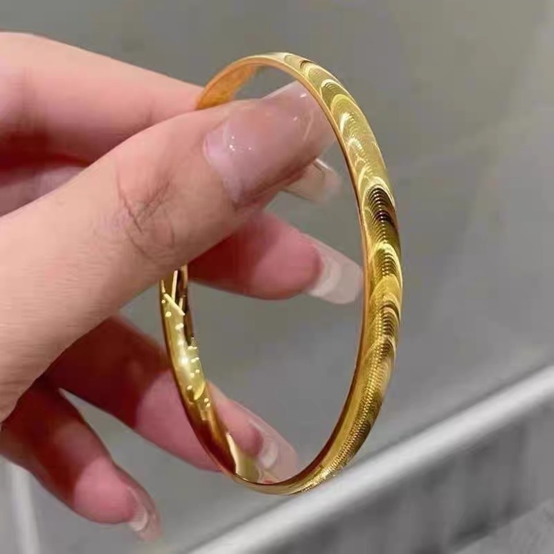 18k金猫眼手镯au750彩金实心不脱模超闪拉丝素圈手环送女友礼物