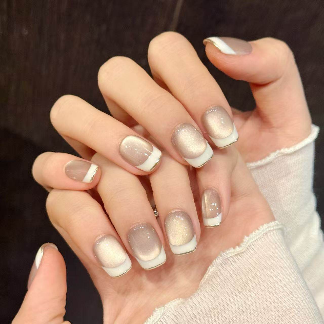 【桃桃奶冻】显白裸色玻璃珠猫眼白边法式短款美甲穿戴,彩妆/香水/美妆工具,穿戴甲/甲片,淘宝优惠券,粉丝福利购,淘宝优惠卷