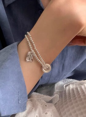 s925银手链手串女平安扣双层银珠子字母牌小众设计气质简约首饰品